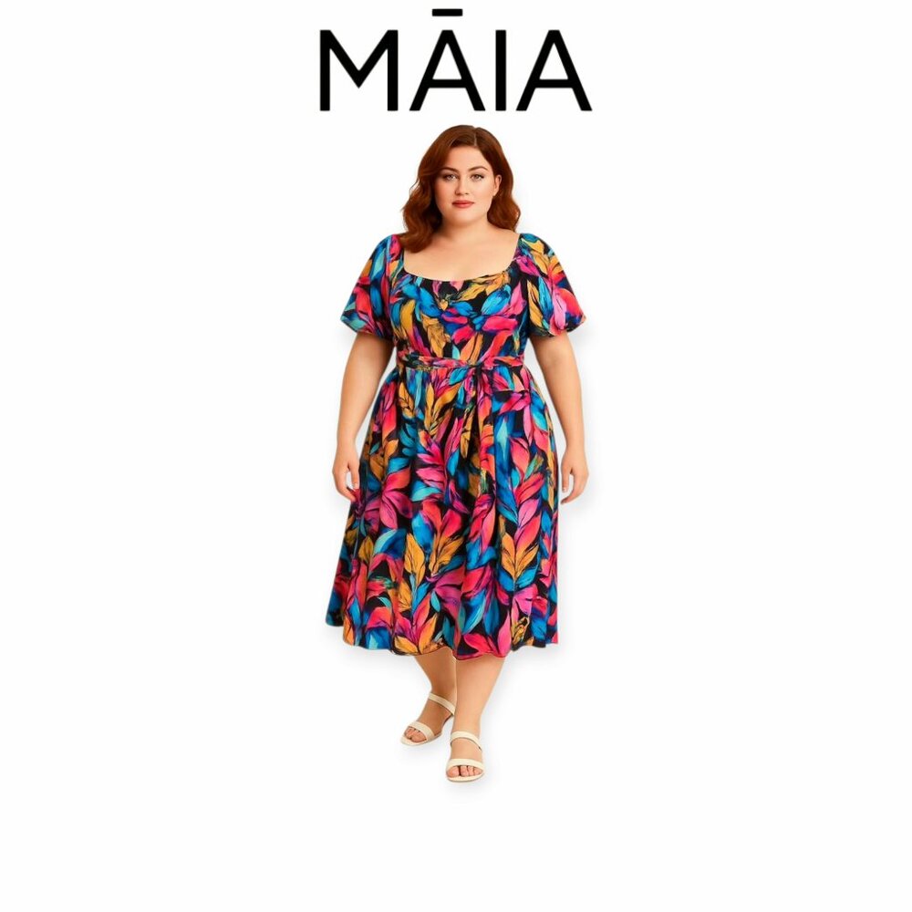 MAIA Floral Leaf Print Midi Dress in Multi
